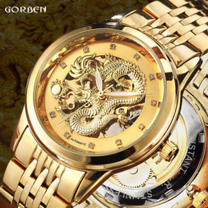 【送料無料】men watch dragon steampunk automatic self winding stainless steel gold waterp