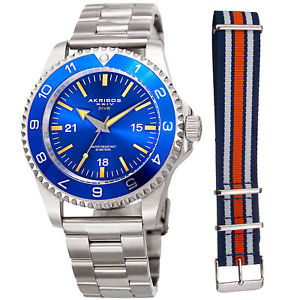 【送料無料】mens akribos xxiv ak1002ssbu quartz diver silvertone stainless steel watch set