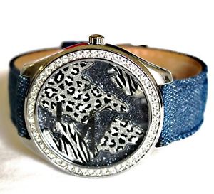 【送料無料】guess w0504l1 animal patterned stainless steel blue leather women watch nwt