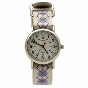 【送料無料】timex womens t2n918 weekender whiteblue argyle leather analog watch