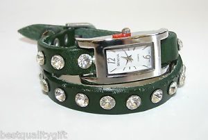 【送料無料】 geneva olive green wrap around studded crystals genuine leather watch 【送料無料】 geneva olive green wrap around studded crystals genuine leather watch