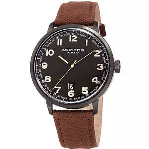 【送料無料】mens akribos xxiv ak1025bkbr quatz day classic brown canvas leather strap watch