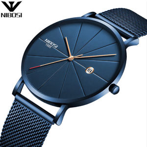 【送料無料】nibosi luxury watches men blue stainless steel ultra thin watches men classic qu