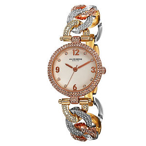 【送料無料】 womens akribos xxiv ak756ss swiss crystal accented tritone chain watch