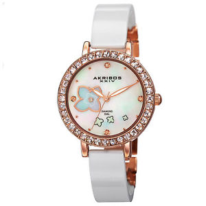 ̵ womens akribos xxiv ak762rgw swiss mop flower design ceramic bracelet watch