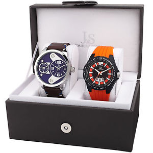 【送料無料】joshua amp; sons jx130ors men’s leather dual timedate wheel strap watch set(2)