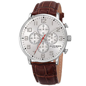【送料無料】mens akribos xxiv ak854ssbr silvertone chronograph brown leather strap watch
