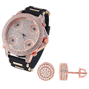 【送料無料】5 timezone custom watch rose gold finish free earrings rose gold tone iced out 【送料無料】5 timezone custom watch rose gold finish free earrings rose gold tone iced out