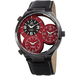 【送料無料】mens joshua amp; sons jx118rd two time zones small seconds leather strap watch