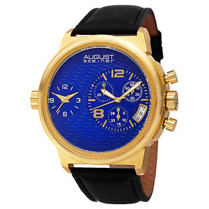 【送料無料】mens august steiner as8151ygbu large swiss chronograph dual time leather watch