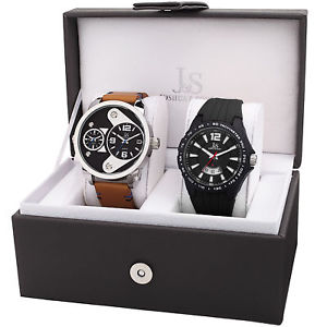 【送料無料】joshua amp; sons jx130bks men’s leather dual timedate wheel strap watch set