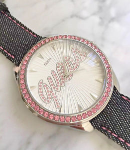 【送料無料】 guess g85768l women blue denim leather strap swarovski crystal logo watch