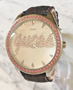 【送料無料】 guess g85768l women blue denim leather strap swarovski crystal logo watch