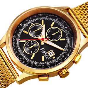 【送料無料】mens august steiner as8194ygb two time zone date tachymeter mesh bracelet watch