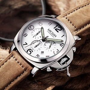 【送料無料】megir luxury quartz watches men sports leather chronograph silver gifts for him