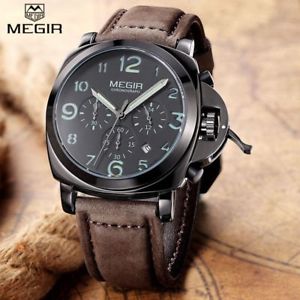 【送料無料】megir luxury quartz watches men sports leather chronograph silver gifts for him