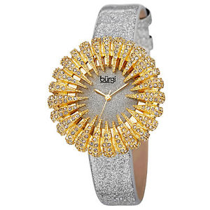 【送料無料】womens burgi bur112ygw dazzling crystal quartz yellow gold silver strap watch