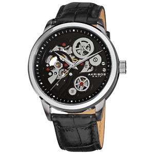 【送料無料】mens akribos xxiv ak538bk silvertone automatic skeleton leather strap watch