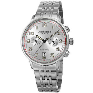 【送料無料】mens akribos xxiv ak942ss silver two time zone domed crystal bracelet watch