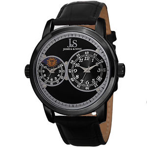 【送料無料】mens joshua amp; sons js87bk two time zone, date moon phase leather strap watch