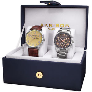 【送料無料】akribos xxiv ak972sss men’s leather strapstainless steel bracelet watch set