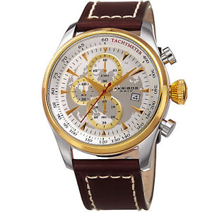 【送料無料】mens akribos xxiv ak915yg chronograph brown leather with white stitching watch 【送料無料】mens akribos xxiv ak915yg chronograph brown leather with white stitching watch
