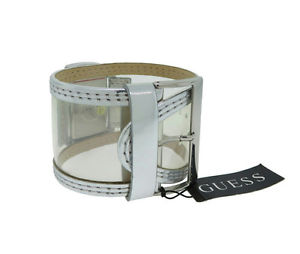 【送料無料】guess w95039l1 womens clear lucite stainless steel silver leather analog watch