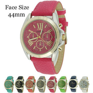 【送料無料】geneva roman numerals 3 eye designer chrono leathrette watch 44mm