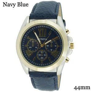 【送料無料】geneva roman numerals 3 eye designer chrono leathrette watch 44mm