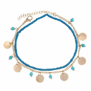 【送料無料】bohemian womens anklet summer beach multilayer blue bead coin pendant ankle bra