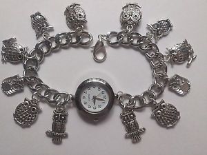 【送料無料】handmade silver owl charm bracelet watch with 12 charms 20cm long b