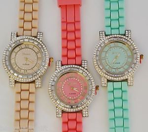 【送料無料】 geneva platinum baguette crystals roman numbers silicone watch2088