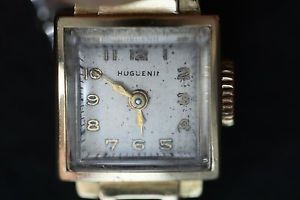 【送料無料】huguenin 17 jewel 14 k gold bracelet watch with 10 k bracelet circa 1940s runs