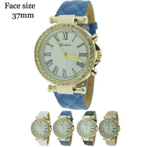 【送料無料】geneva ladies quilted cz leather strap watch 37mm