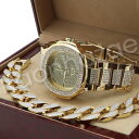 【送料無料】hip hop 14k gold pt iced out luxury bling gold watch sandblast bracelet set f34g(2)