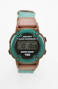 【送料無料】aquatech watch mens chron alarm date 24hr brown green plastic nylon 30m quartz