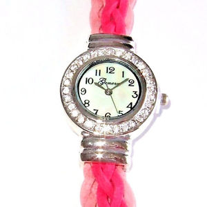 【送料無料】 geneva silver rhinestone braided leather pink watch