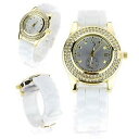 【送料無料】womens silicone round rhinestone bezel bling analog wrist watch gold white