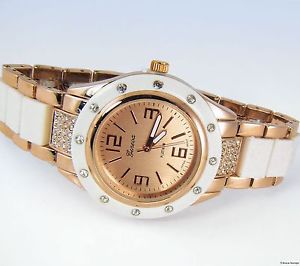【送料無料】geneva platinum rose goldtone amp; white acrylic crystal bezel quartz watch