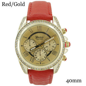 【送料無料】geneva platinum roman numerals cz 3 eye chrono leather watch 40mm