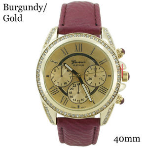 【送料無料】geneva platinum roman numerals cz 3 eye chrono leather watch 40mm