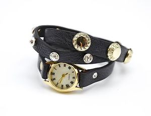 【送料無料】bcm05 * montre bracelet triple tour simili cuir strass mode femme noirdor