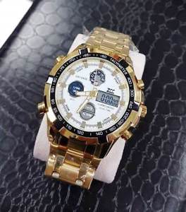 【送料無料】orologio polso zcc uomo dual time analogico digitale sveglia oro fondo bianc lac