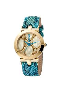 【送料無料】just cavalli womens jc1l005l0045 animal devore gold ip blue leather wristwatch