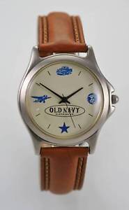 【送料無料】old navy watch mens beige silver stainless leather brown water resist quartz