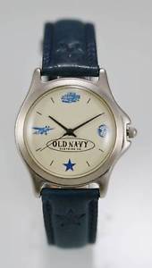 【送料無料】old navy watch mens beige stainless silver water resistant blue leather quartz