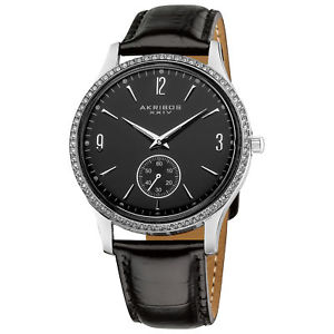 【送料無料】akribos xxiv ak606ss mens stainless steel quartz crystal leather strap watch