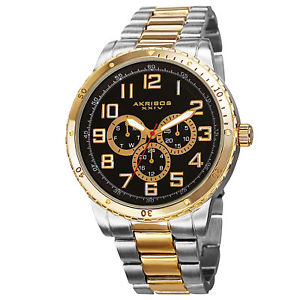 【送料無料】akribos xxiv ak740yg men’s quartz multifunction strapbracelet watch set