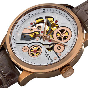 【送料無料】 mens akribos xxiv ak538br rosetone automatic skeleton leather strap watch