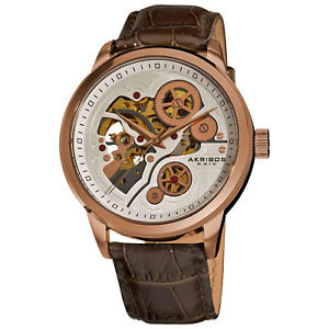 【送料無料】 mens akribos xxiv ak538br rosetone automatic skeleton leather strap watch